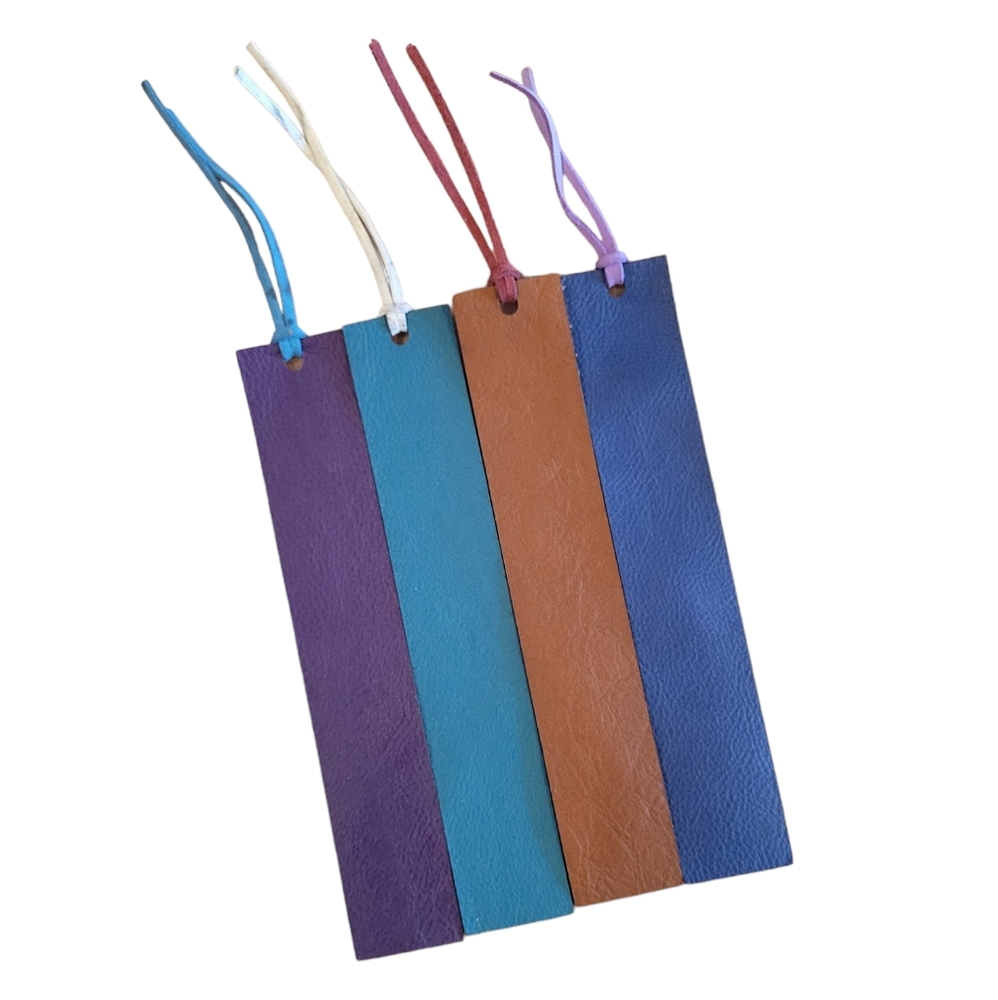 Set of 4 Leather Bookmarks Purple Turquoise Brown Blue